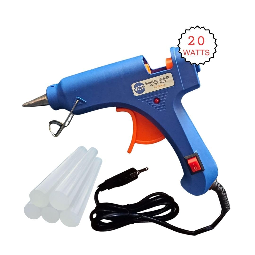VCR 20W Hot Melt Glue Gun for Crafting & DIY Purpose - 20 Watts - ON/Off Switch for Precise Glue Output - Easy To Use Blue Glue Gun + 5 Transparent - 7mm Glue Sticks - VCR 20 Mini