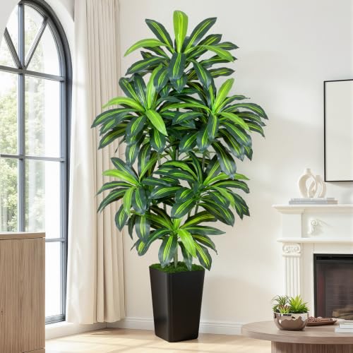 Image of 7FT Artificial Dracaena Tree - High-Density Foliage Fake Plant with Black Tall Planter - Faux Yucca Floor Plant for Home Office Decor Indoor