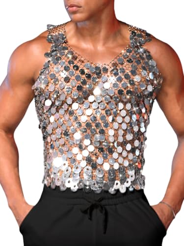 ChiaoLezhee Mens Big Sequin & Rhinestone Mesh Shirt for Rave Sparkly Reflective Metallic Sexy Tank Top Club Party Festival Outfits Summer Going Out Fishnet Glitter Sheer Sleeveless Silver