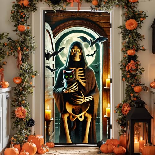 Image of BlissYard Halloween Door Cover Skeleton Black Cat 35x71 Inch Polyester