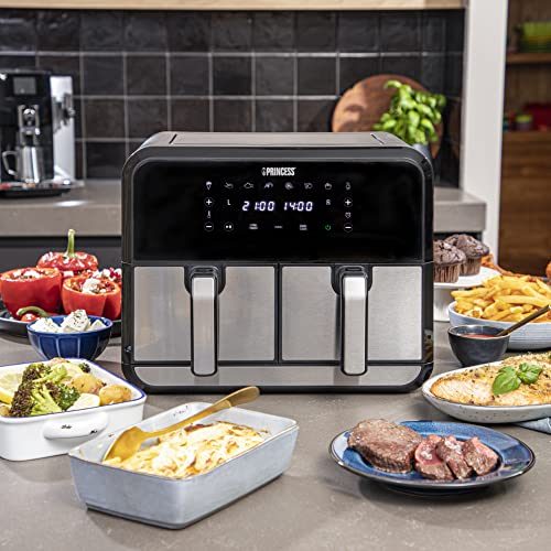 Princess Heißluftfritteuse mit Doppelkammer, 2x4L, 62,2% Energieersparnis, 8 Programme, separate Temperaturen, Fachmaße: 25x15x10 cm, Gesamtmaße: 38.4 x 37.4 x 30.8 cm, 182074 – Bild 3