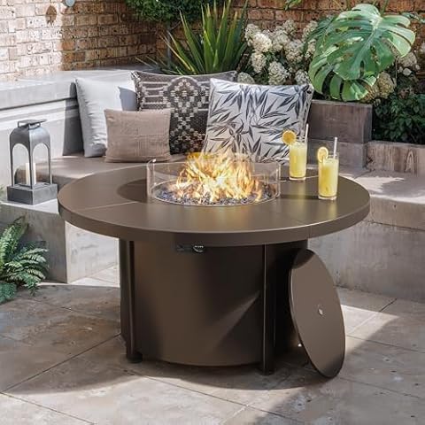 ALAULM Round Gas Fire Pit Table 48in, 40000 BTU Outdoor Propane Fire Pit with Round Metal Tabletop, Adjustable Flame,Windshield & CSA Certification for Outside Patio and Garden Cover
