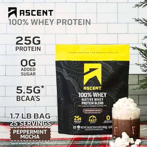 Image of Ascent 100% Whey Protein Powder - Post Workout Whey Protein Isolate, Zero Artificial Flavors & Sweeteners, Gluten Free, 5.5g BCAA, 2.6g Leucine, Peppermint Mocha 1.7 lb