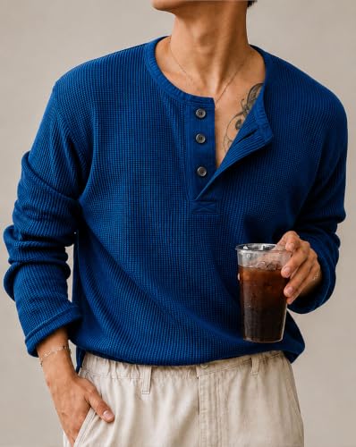 Image of AUSK Men's Textured Henley T-Shirt || Full Sleeve Ribbed Knit Button Neck T Shirt for Men || Regular Fit Casual Wear Tee || Smart Casual Tshirt for Mens