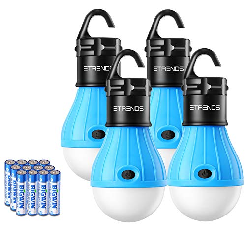 E-TRENDS Compact LED Lantern Tent Camp Light Bulb for Camping Hiking Fishing Emergency Lights, Battery Powered Portable Lamp, 4 Count, Blue, Batteries Not Included