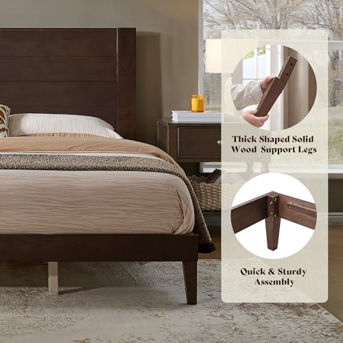 Image of AMERLIFE King Size Bed Frame with 48 inch Tall Headboard, Mid Century Modern Solid Wood Platform Bed with Silent Wood Slat System, No Box Spring Needed, Under-Bed Storage, Dark Walnut