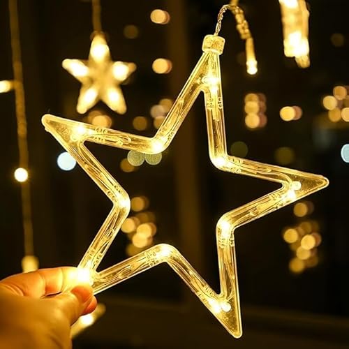 Cortina de Luz com 138 LEDs em Formato de Estrela, 8 Funções de Pisca, 2,5 Metros, Branco Quente, 11