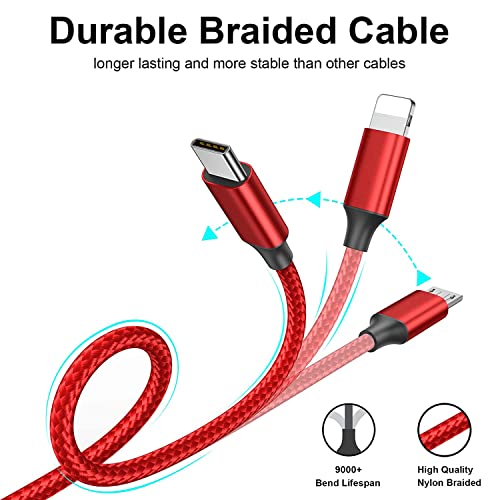 Image of BESTOR 3-in-1 Multi Charging Cable - Nylon Braided Fast Charging Cable for Android, iOS, Type-C Devices - Compatible with Smartphones & Tablets (Red)