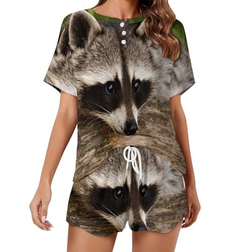 Pyjama court femme raton laveur brun en coton d'été