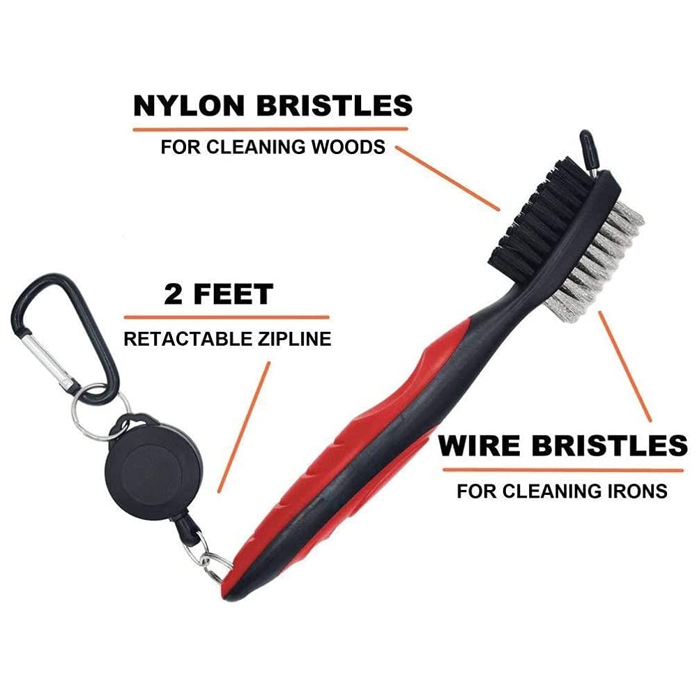 Cepillo de golf con limpiador de ranuras, cepillo de golf de nailon y acero, herramienta de limpieza portátil con mosquetón de aluminio ajustable para colgar en bolsa de golf (rojo)