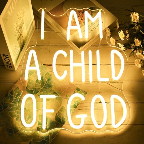 Image of I Am a Child of God Neon Sign Dimmable Neon Signs for Wall Decor LED USB Light Up Sign for Christian Wall Art Baptism Gifts Jesus Room Decor Toddler Little Girl Playroom Nursery Bedroom Classroom