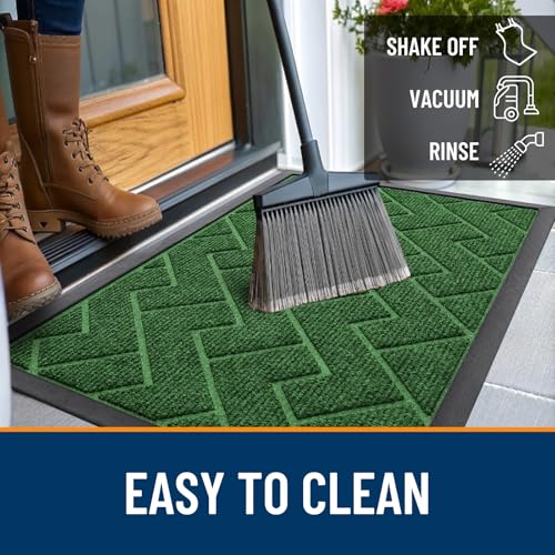 Image of OLANLY Front Door Mat Indoor Outdoor Entrance, Waterproof All-Season, All-Weather Doormat, Sturdy Natural Rubber, Low Profile, Easy Clean Patio Porch Entryway Mat, Herringbone Brick (Green, 47x17)