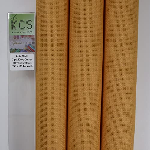 Image of KCS 3 pc of 15 inch x 18 inch Counted Cross Stitch Cotton Aida Cloth Needlework Fabric,14CT,Golden Brown