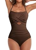 Dokotoo Womens Swimsuits One Piece Twist Front Adjustable Spaghetti Straps Rib Knit Bathing Suit Beach Vacation Tummy Control Beach Wear Solid Monokini Swimwear Dark Brown X-Large