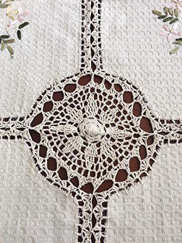 Handmade Tablecloth Silk Ribbon Embroidery Exquisite Crochet Panels Cotton Fabric Linens Vintage Wedding Tablecloths (72 Inch Round Color Beige) #TOP3