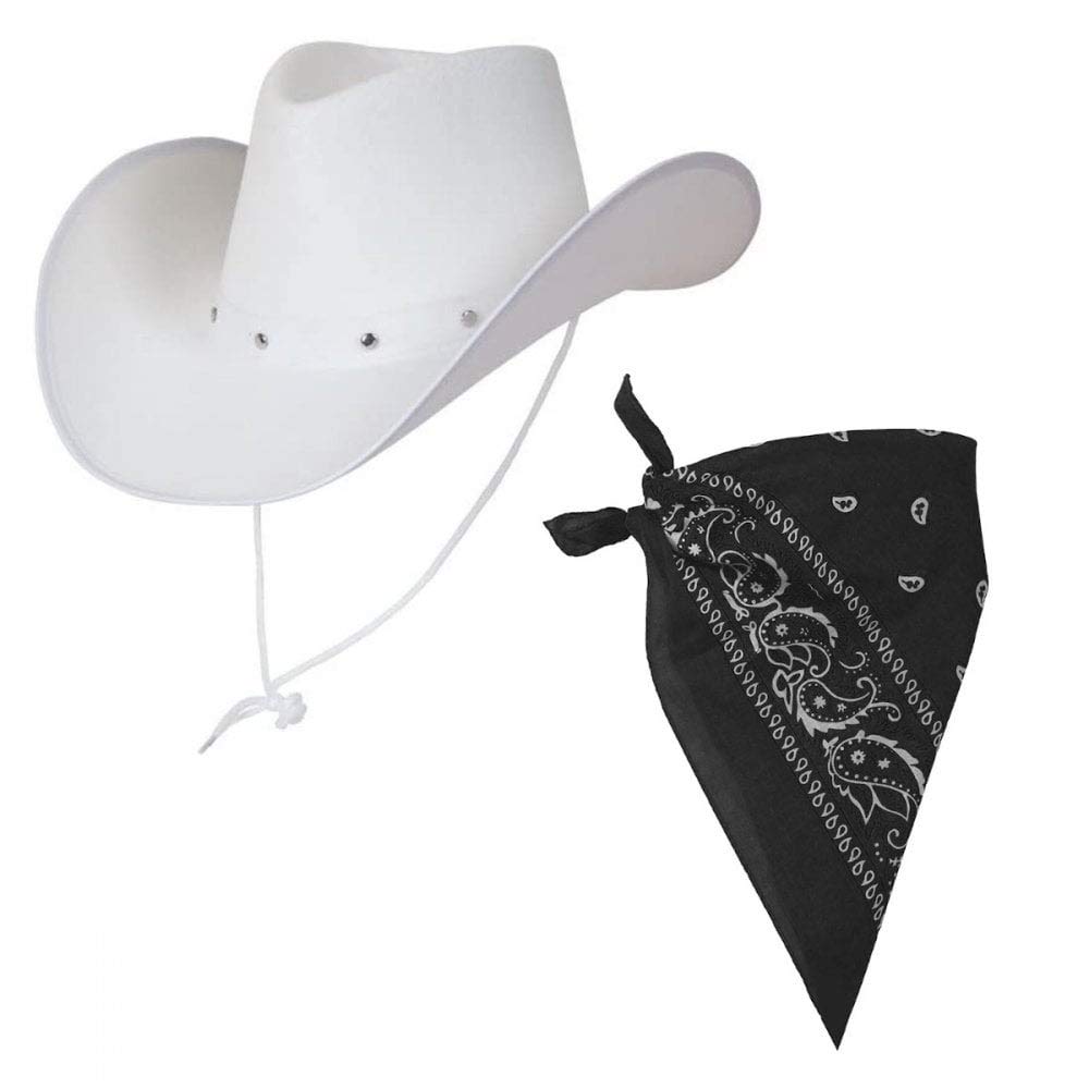 Adult Texan Cowboy White Hat + Bandana Neck Scarf - Black Blue Brown White Red Pink Colour Option Wild West Western Fancy Dress Accessory (Black Bandana)