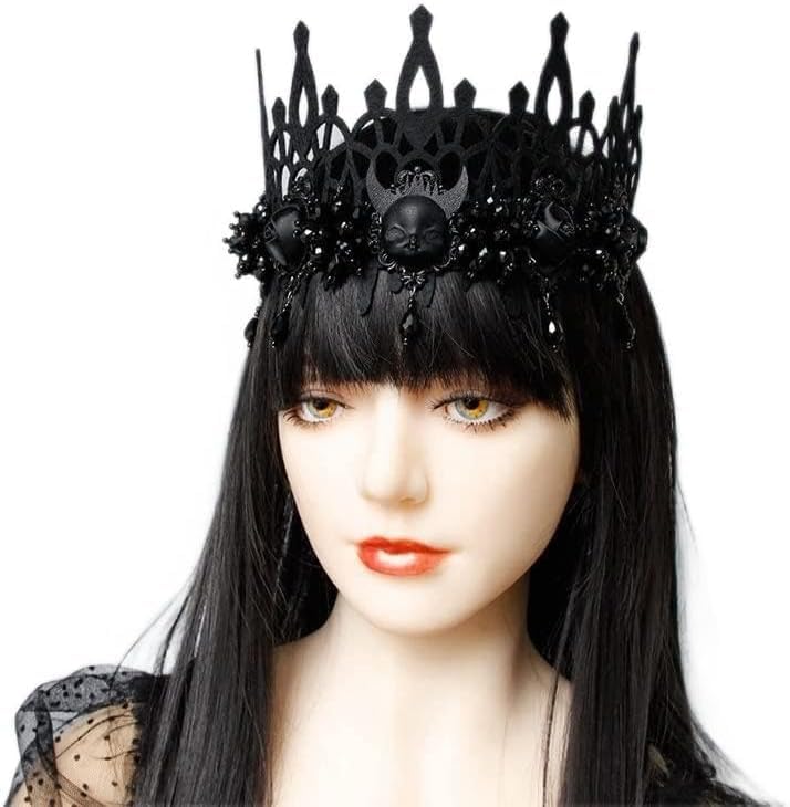 Tiaras de corona para mujer, diadema negra, accesorios para fiesta de Halloween, corona de cabeza de bruja de demonio de muerte, corona con borla de cuentas, accesorios para el cabello