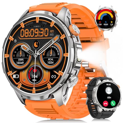 Smart Watches for Men, Military Smart Watch with 100 Days Battery/Flashlight/Heart Rate/Sleep/SpO2 Monitor/Calling/110+ Sports Mode, 5 ATM Rugged Men's Fitness Tracker Watch for Android iPhone(Silver)