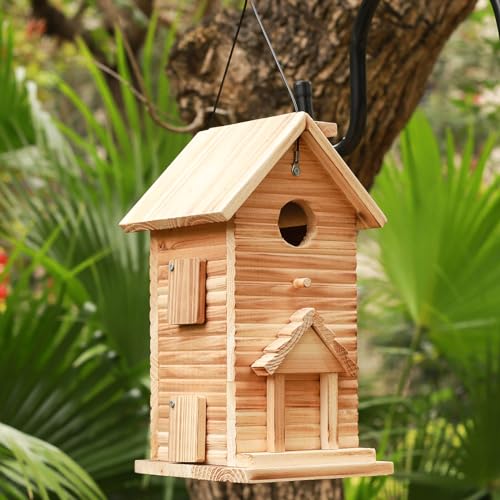 STARSWR Bird House,Outdoor Bird Houses for Outside Clearance,2 Hole Wooden BlueBirdHouse Finch Cardinals Hanging Birdhouse 2 Rooms Nesting Box for Wild Bird Viewing