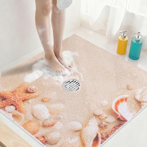 Image of Square Shower Mat Non Slip: 36x36 Inch Extra Large Shower Mats with Drain Hole in Middle -Anti Slip Shower Mats for Inside Shower -Loofah Shower Floor Mat Bath Mat for Shower Stall Bathtub Elderly