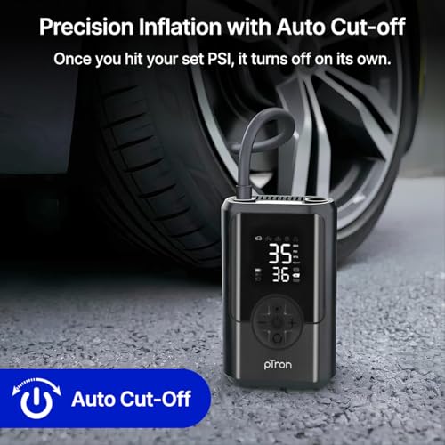 Image of pTron AerFlo X1 w /Superfast 25LPM Tyre Inflation, 150 PSI Pressure, 5000mAh Battery, Cordless Tyre Inflator for Cars & Bikes, Preset Modes, LED Flashlight, Type C Charging & Multiple Nozzles (Black)