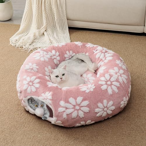 Image of Cat Tunnel for Indoor Cats, Cute Peekaboo Cat Cave with Dangling Balls, Pet Donut Tunnel Bed with Circle Mat for Puppy Kitten Rabbit, Pink