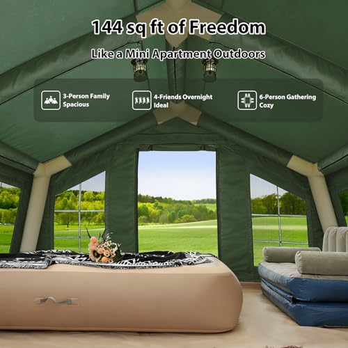 Image of KNUO Inflatable Camping Tent, Large Blow-Up Air Tent, No Assembly Needed Luxury Glamping House, Oxford Fabric