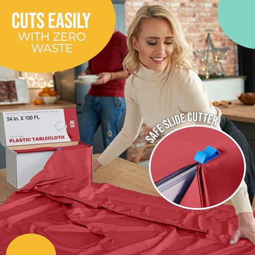 Image of Exquisite Party Solids 54 Inch X 100 Feet Red Plastic Table Cover Roll in A Cut - to - Size Box with Convenient Slide Cutter. Cuts Up to 12 Rectangle 8 Feet Plastic Disposable Tablecloths