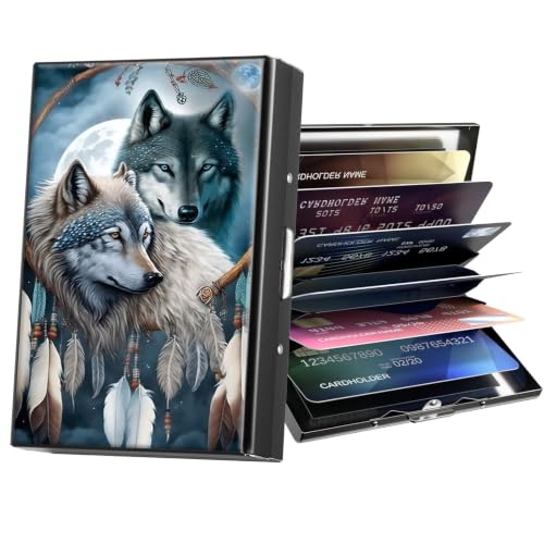 ACWDMKH Metal Wallet,Credit Card Holder for Women Men,RFID Blocking Card Holder Mini Slim Aluminum Wallet ID Case Hard Case Business Card Holder Case,Dreamcatcher Wolf