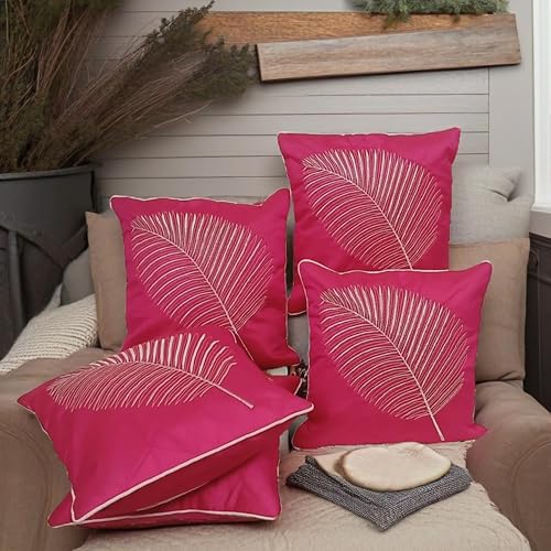 Image of Fab Nation Polyester Fabric Pink Decorative Cushion Covers with Golden Zari Leaf Embroidered Set of 5 for Home Decor | Throw /Pillow Cover 16x16 inches for Bedroom Sofa