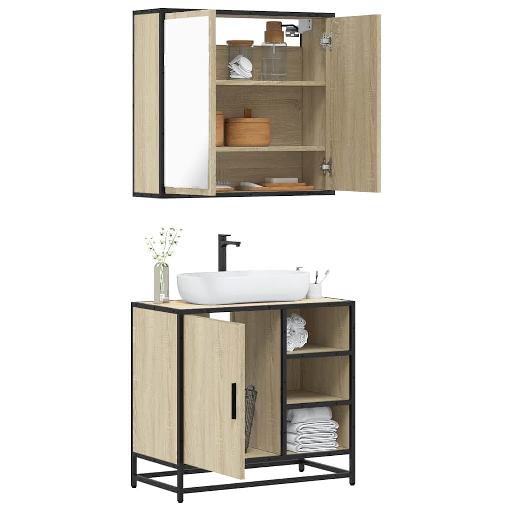 2-częściowy zestaw mebli łazienkowych, dąb Sonoma, materiał drewnopochodny z szafką pod umywalkę i szafką z lustrem 65 x 60 x 33 cm, miejsce do przechowywania dla gości, WC i łazienki, wiszące