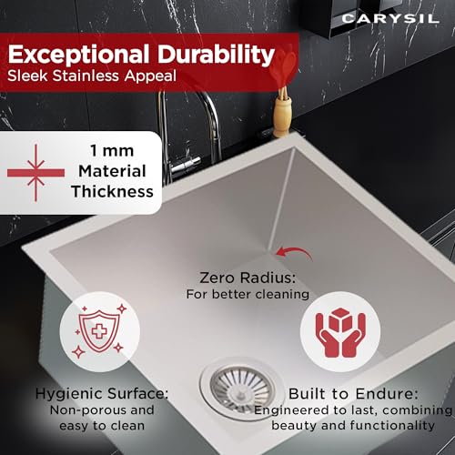Image of Carysil Quadro Series Zero Radius Single Bowl Kitchen Sink, Stainless Steel Kitchen Sink, 304 Coupling, Noise Reduction Design, Deep Bowl with Sloping Drain, 24x18x9 inches, Satin Finish