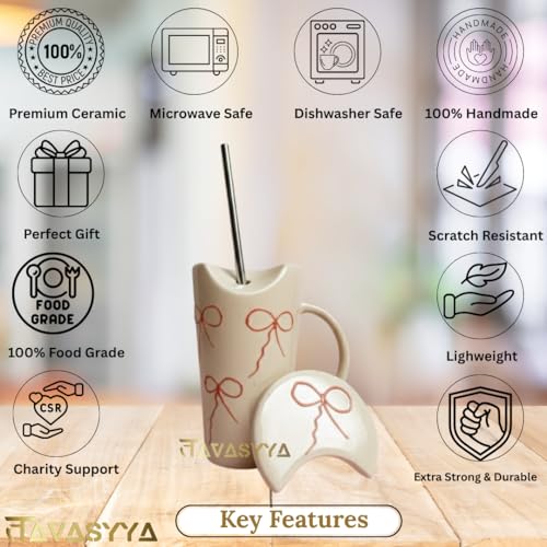 Image of Handmade Pink Bow Embossed Ceramic Tumbler, Mug with Lid & Straw, Tactile Print Cup for Hot & Cold Beverages - Coffee, Tea, Shakes, Matcha, Microwave & Dishwasher Safe, Perfect for Gifting