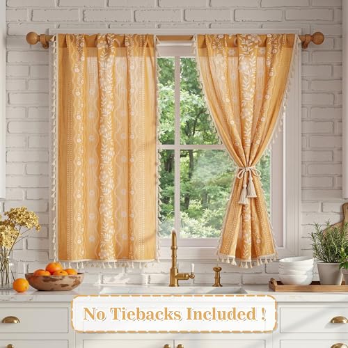 Image of MYSKY HOME Short Tiers Curtains 30 Inch Length Boho Floral Linen Blend