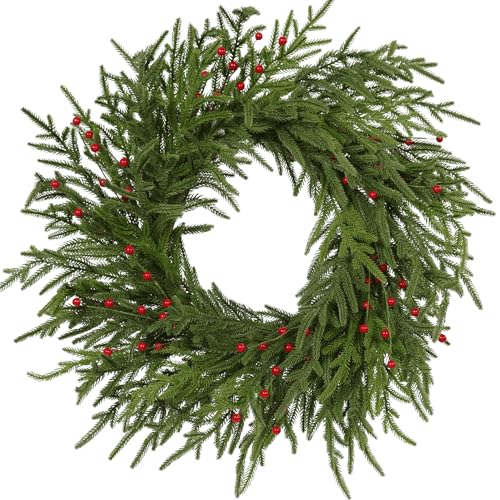 Quixem 22 Inch Real Touch Norfolk Pine Wreath, Artificial Soft Greenery Christmas Wreath with Petite Red Berries, Minimalist Winter Holiday Decor for Front Door Mantel