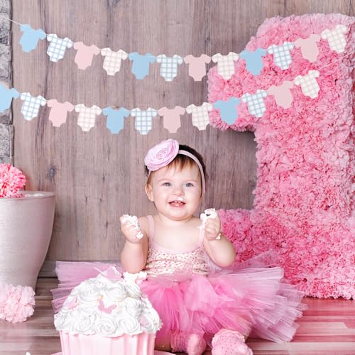Image of Weysat 2 Pcs Baby Clothes Banner Baby Boys Girls Shower Decorations Pink Blue Bodysuit Clothesline Banner Gender Reveal Birthday Neutral Party Outfit Paper Decor Supplies