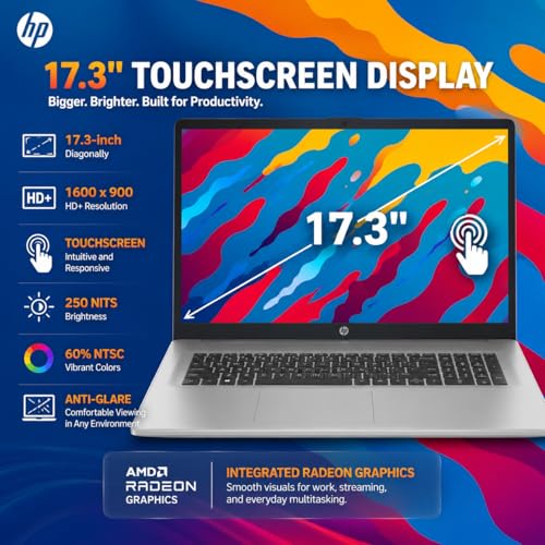 Image of HP 17 Touchscreen Laptop, AMD Ryzen 5 7430U, (Beats i7 1355U), 64 GB RAM 2 TB SSD, 17.3 inch HD+ Anti Glare Display, Radeon Graphics, Wi-Fi 6, Bluetooth 5.4, Windows 11 Pro, Office Lifetime License