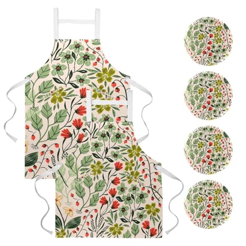Lot de 2 tabliers de cuisine avec 4 broches motif fleur sans couture