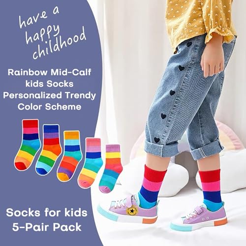 Toddler Girl Mid Cald Socks Seamless Breathable Rainbow Sports Socks 2-12 Years 5 Pairs3