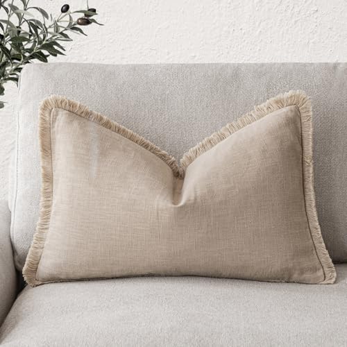Image of Foindtower Decorative Linen Fringe Lumbar Throw Pillow Covers Cozy Boho Farmhouse Cushion Cover with Tassel Soft Accent Pillowcase for Sofa Bed Living Room Home Decor, 12x20 Inch, 1PC,Tan Beige