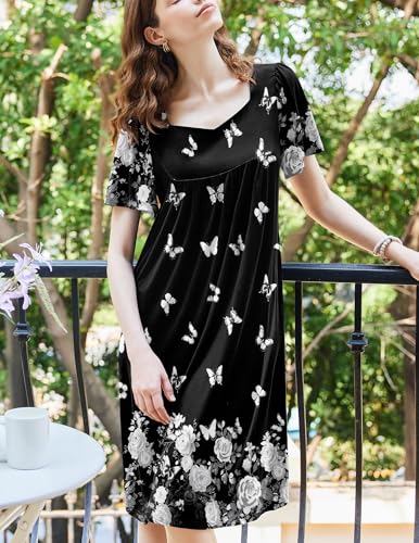 Image of Ekouaer Women's House Dress - Pleated Nightgown with Short Sleeves & Pockets