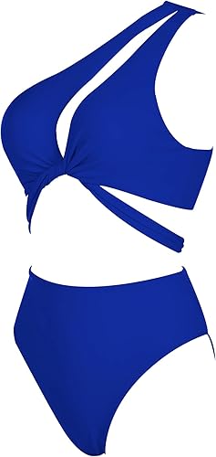 Miniatura 5 de RUUHEE Conjunto de bikini para mujer con un hombro recortado cuello en V profundo con cordones traje de baño de 2 piezas