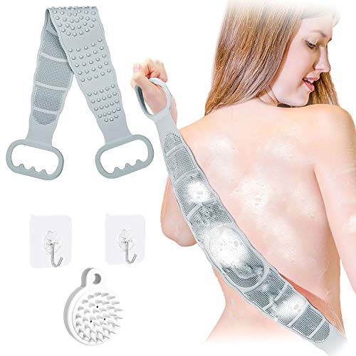 Fordim Silicone Back Scrubber for Shower,Extra Long Double Sided Bath Body Brush for Men and Women, Deep Clean & Exfoliating ，Foams Easily，Bath Towel for Massage(with 2 Hooks and Hair Scalp Brush)…