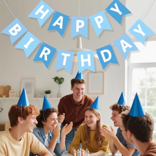 Image of Happy Birthday Banner Sign, Birthday Garland Wall Door Hanging Banners Flag for Women Men Boys Girls Party Backdrop Decorations, Personalized Name Banner White Letters Light Blue