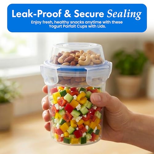 Image of Basicwise 480ml Airtight Cereal Storage Container with Separate Topping Cup Leak-Resistant Clip-Lock Lid Stackable Snack & Yogurt Cup for On-the-Go Breakfast Travel School Office & Daily Use, Set of 2