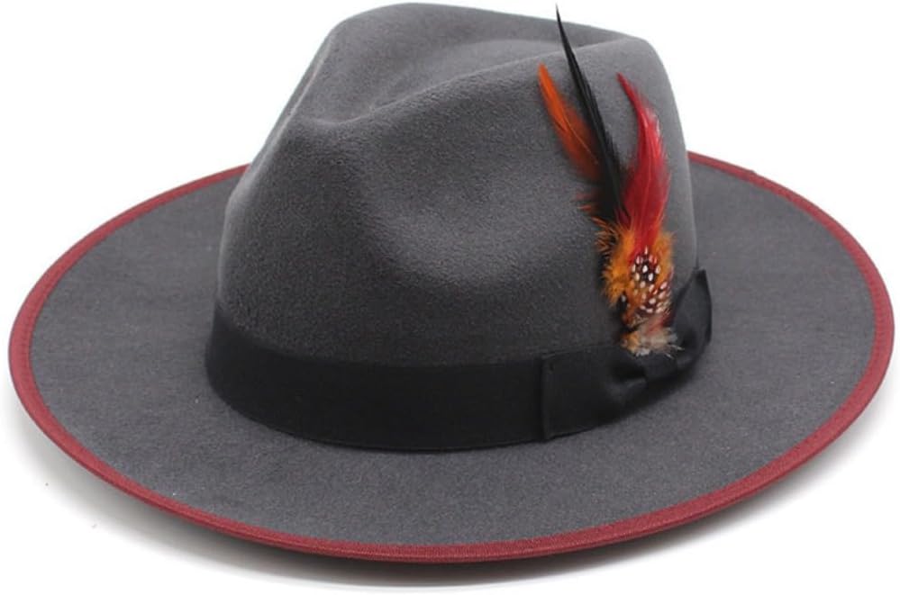 Classic Wide Brim Wool Fedora Hat with Feather Accent, Gray with Red Trim