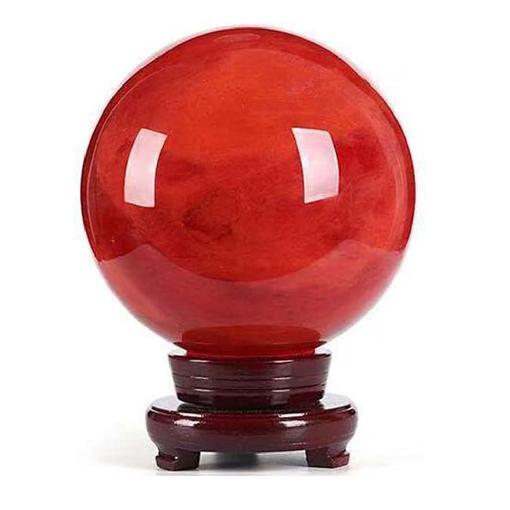 AUOQKQUT Red Crystal Ball with Wood Stand Sphere Melting Quartz Gemstone for Witchcraft, Fengshui, Aura Home Desk Decor,8cm