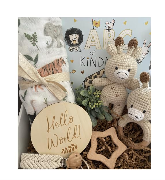 Tumbleweed Babies Sweet Safari Giraffe Gift Box with Swaddle Blanket and Book - Handmade Organic Cotton Crochet Giraffe