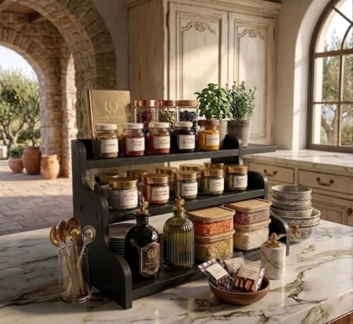 Image of 3-Tier Spice Rack, 13.8 Inch Wood Spice Bottles, Jars, Seasonings, Baking Supplies, Shelf Countertop Spice Storage Holder, Kitchen Pantry Cabinet Organizer Cupboard (BLACK)