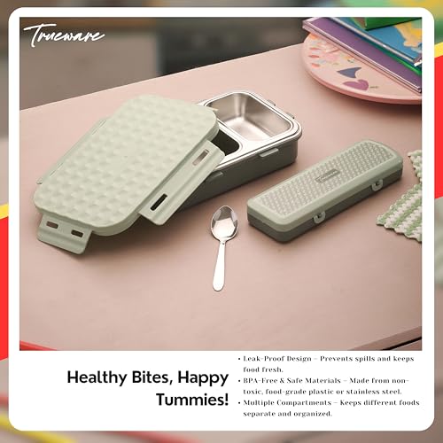 Image of Trueware Crest Lunch Box 2 Compartment Leak-Proof BPA Free Stainless Steel, Lunch Box for Kids, Lunch Box for School & Office with a Spoon, 580 ML